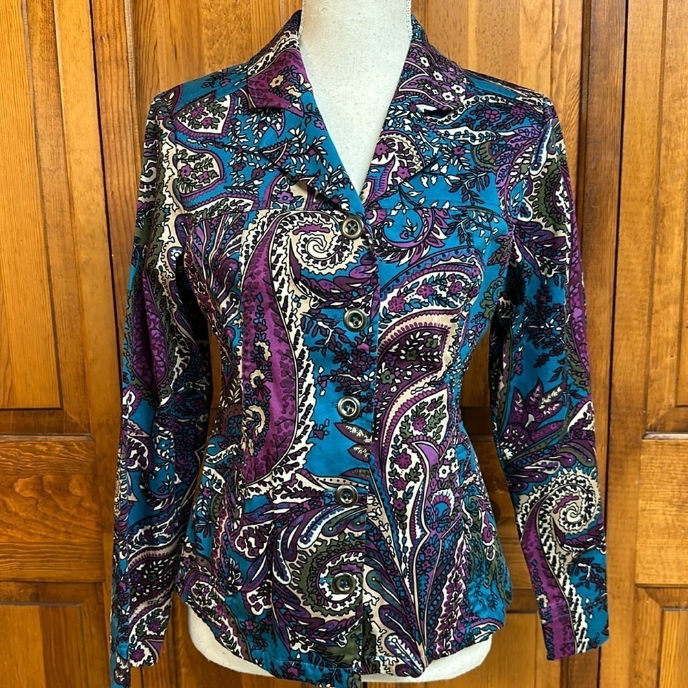Additions by Chico Stretch Button-down Blazer Jacket Paisley Floral Print Size 0